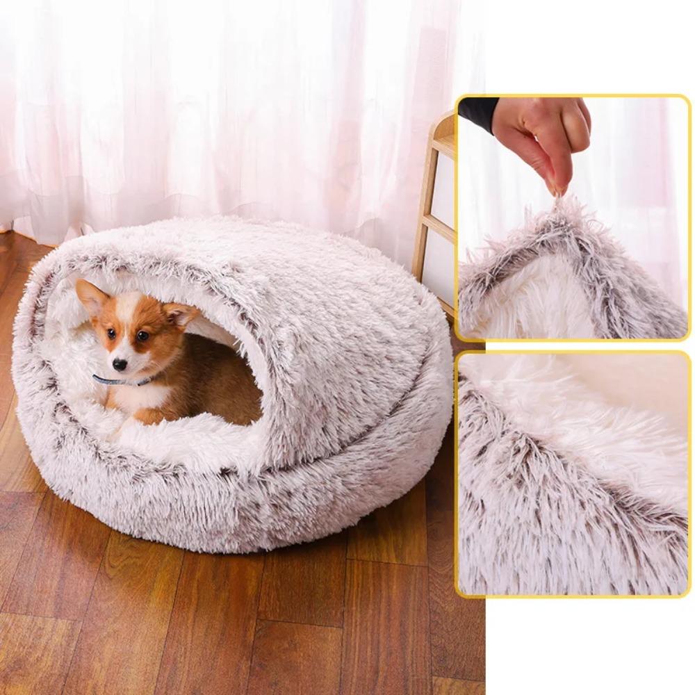 Fluffy Warming Cat Cave Bed Calming Dog Bed Semi-closed House  Donut Dog Cuddler Bed Machine Washable Round Pet Bed
