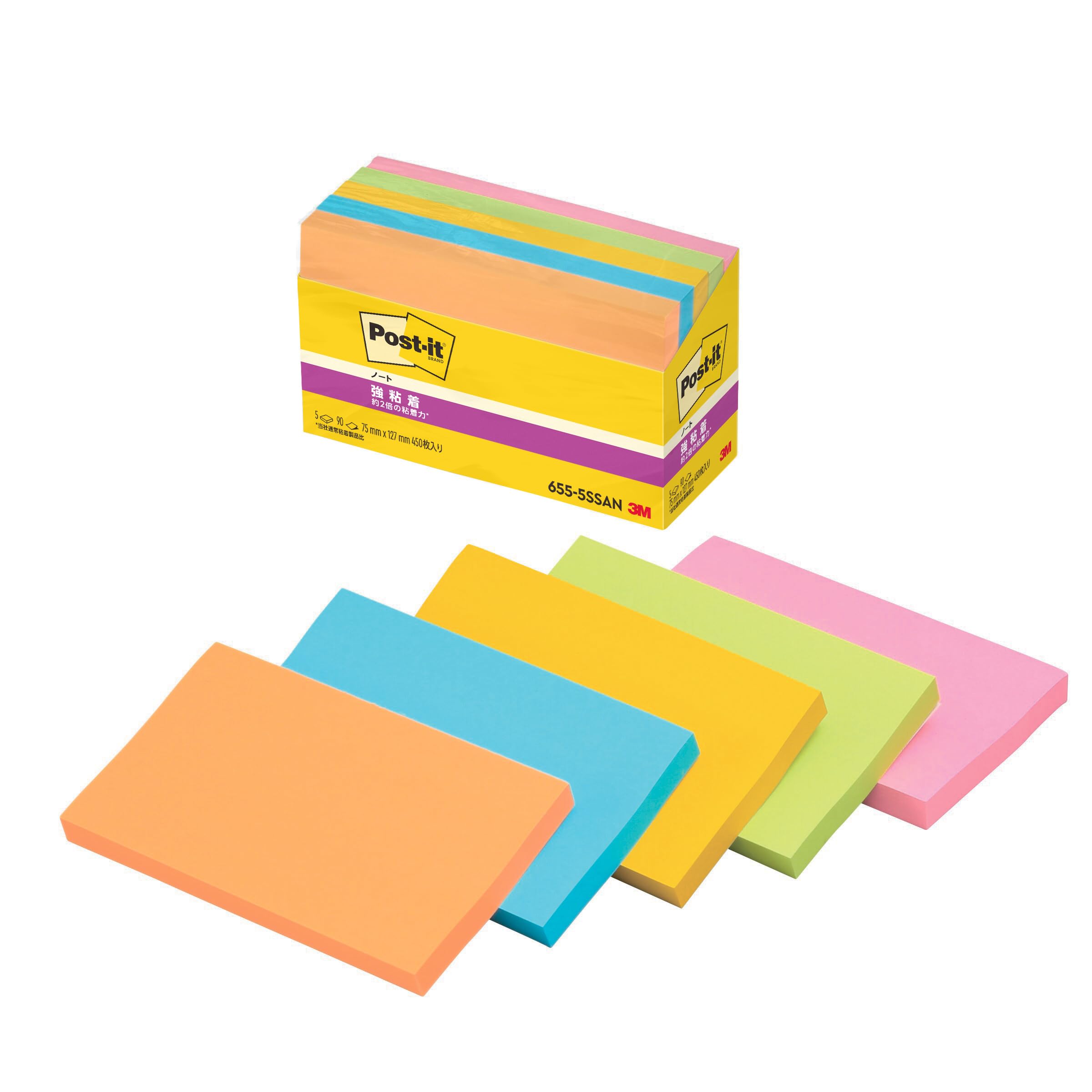 

3M Sticky Super Strong Neon 75 x 90 sheets x 5 Post-it Notes, Adhesive, Large, Colors, 127mm, pads, 655-5SSAN