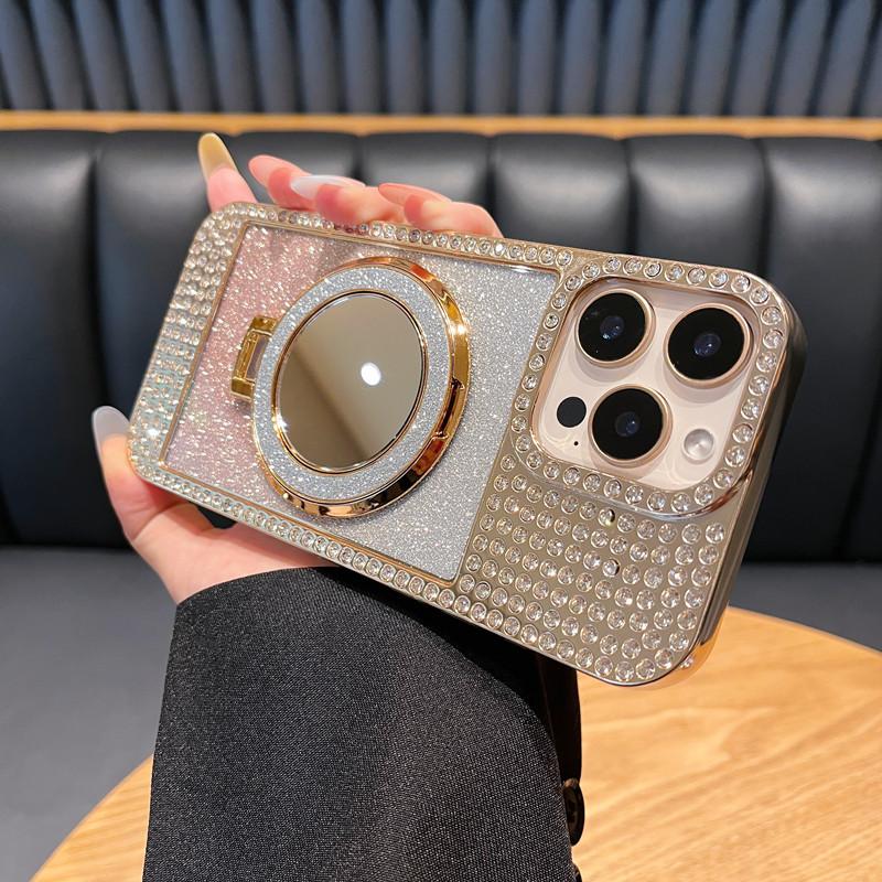 Applicable To Apple 16 ProMax Diamond inlaid Flash Powder Mirror Bracket Mobile Phone Case Magnetic IPhone 15 Luxury Protective Case
