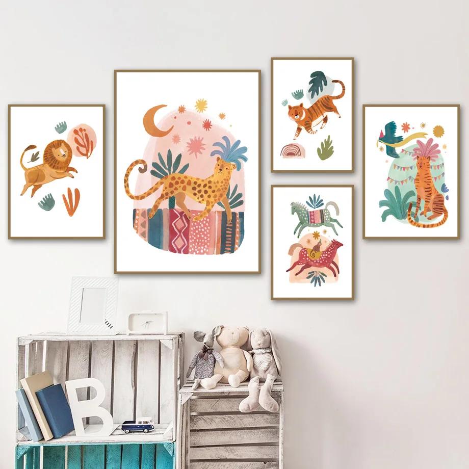 Boho Tiger Leopard Dinosaur Bear Lion Rabbit Poster Nursery Wall Art Mural Print Canvas Painting Pictures Baby Room Home Decor
