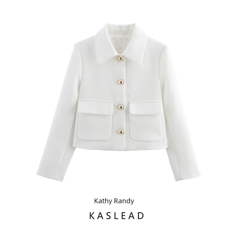 Kaslead New Women clothes Western Style Fashion Simple and Versatile Button Decoration Graceful White Outerwear