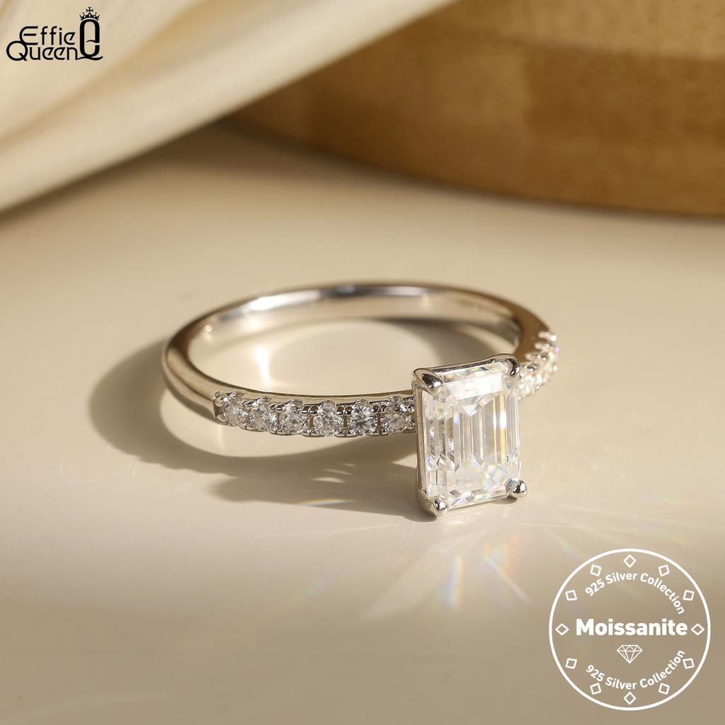 Anello Effie Queen 100% Argento Puro 925 Taglio Smeraldo Diamante Moissanite Gioielli Semplici per Donne Festa di Matrimonio Compleanni Regalo MOR08