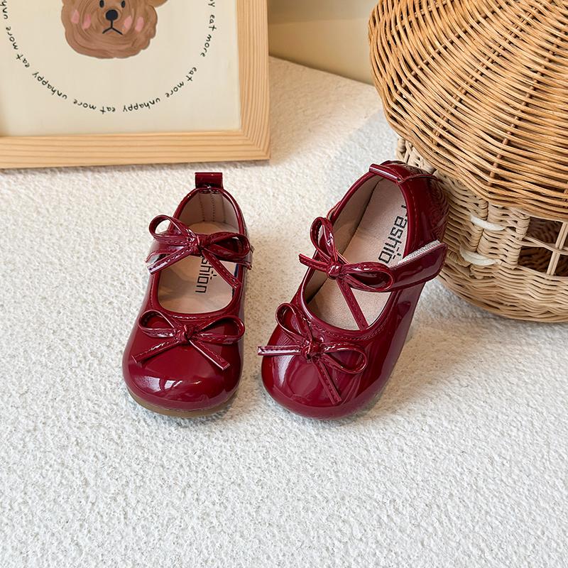 Girls Flats Soild Color Round Toes Kids Dance Performance Shoes Double Bows New Girls Leather Shoes Soft Sole Sweet