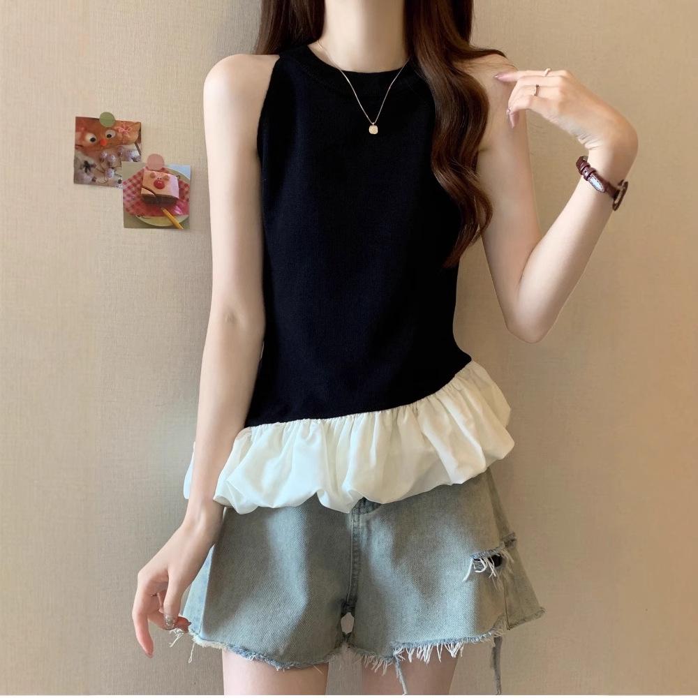 2025 Women's French-Style Patchwork Halterneck Sleeveless Top: Sweet & Spicy Slim Fit Summer Vest