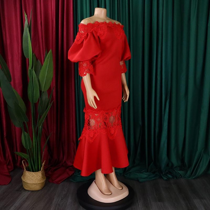 Women Off Shoulder Lantern Sleeve Solid Color Mermaid Long Bodycon Dress