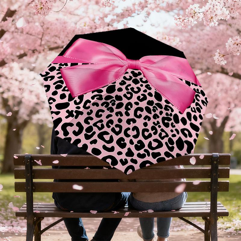 1PC Pink Leopard Print Bow Umbrella-8-Rib Reinforced, Automatic Open, Lightweight & Durable, Fashion Accessory for Outdoor, H0365