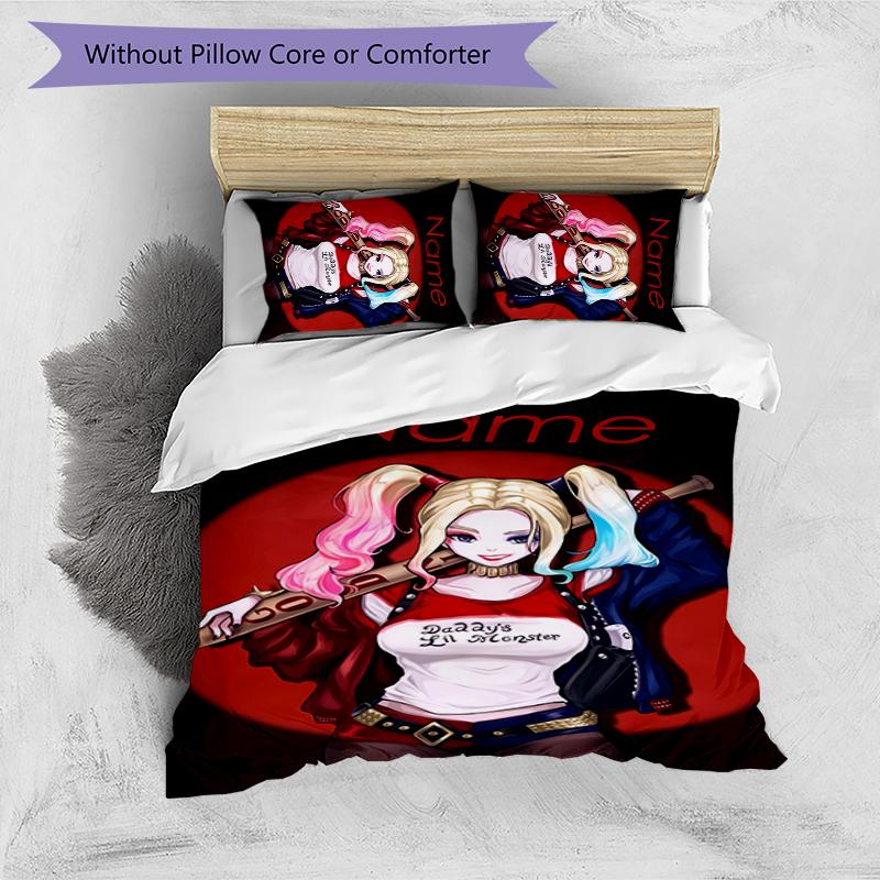 3pcs Custom Name Cartoon Harley Quinn Bedding Set Duvet Cover Closure Includes 1 Duvet Cover & 2 Pillowcases for All Seasons Bedroom Decor