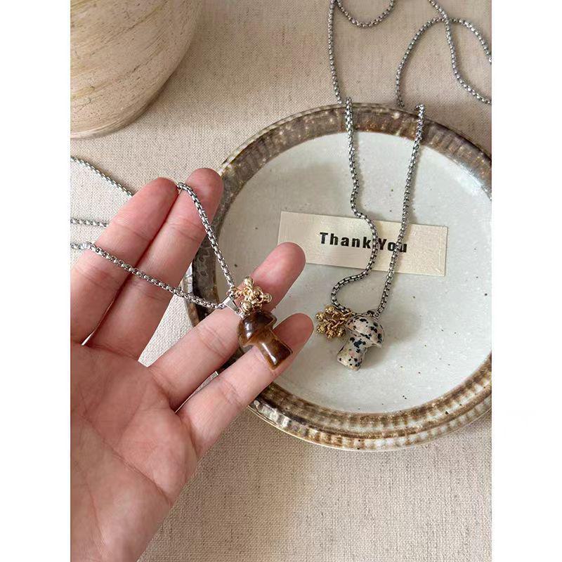 Tiger Eye Stone Mushroom Pendant Necklace: Exquisite, Versatile Long Chain for Women’s Sweaters.
