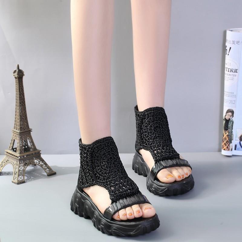 Knitted wool polyurethane women's sandals fish mouth platform casual student women's flat patent leather sandals