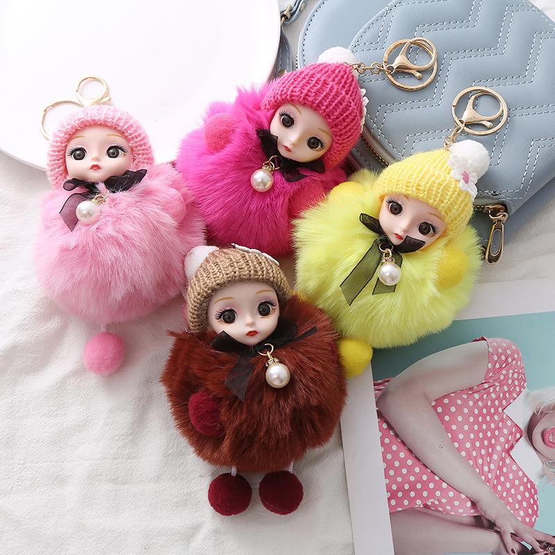 Cute Plush Keychain Imitation Rex Rabbit Fur Ball Keyring Big Eye Doll Pendant  Car Bag Charm