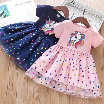 2025 Unicorn Princess Mesh Dress - Short Sleeve Summer Girls' Clothing