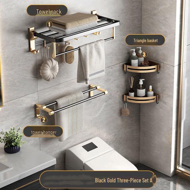Wu Tuo Black Gold Bathroom Towel Rack & Shelf Set