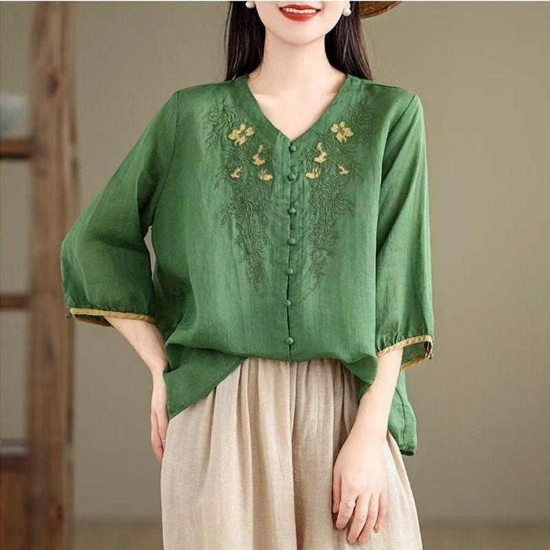 Vintage Hemden Sommer Stickerei Blumenbluse Damen Lässig 3/4 Ärmel Arbeit Blusen Locker Hemd Knöpfe Oberteile