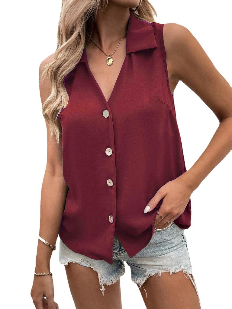 Ärmellose Damen V-Ausschnitt Knopfleiste Bluse Lässiges Einfarbiges Tanktop Hemd