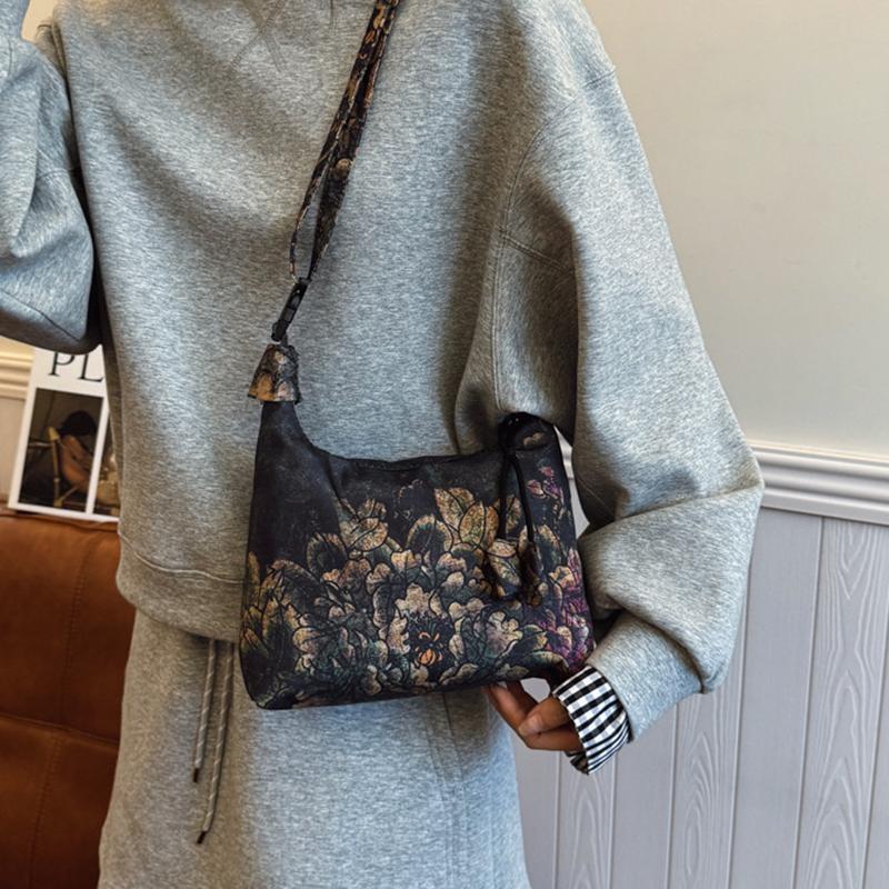 Yogodlns Retro Embroidery Crossbody Bags Adjustable Shoulder Straps Fashion Bucket Purses Small Satin Handbag