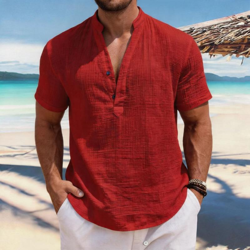 Heren Casual Linnen Korte Mouw Henley Shirt
