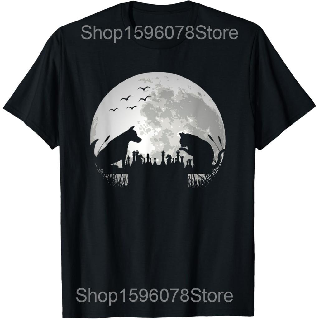 Vintage Chess Player Board Dog Cat Moon T Shirt Men Cotton Humor Streetwear Tee Shirt Short Sleeve Unisex Loose Clothing