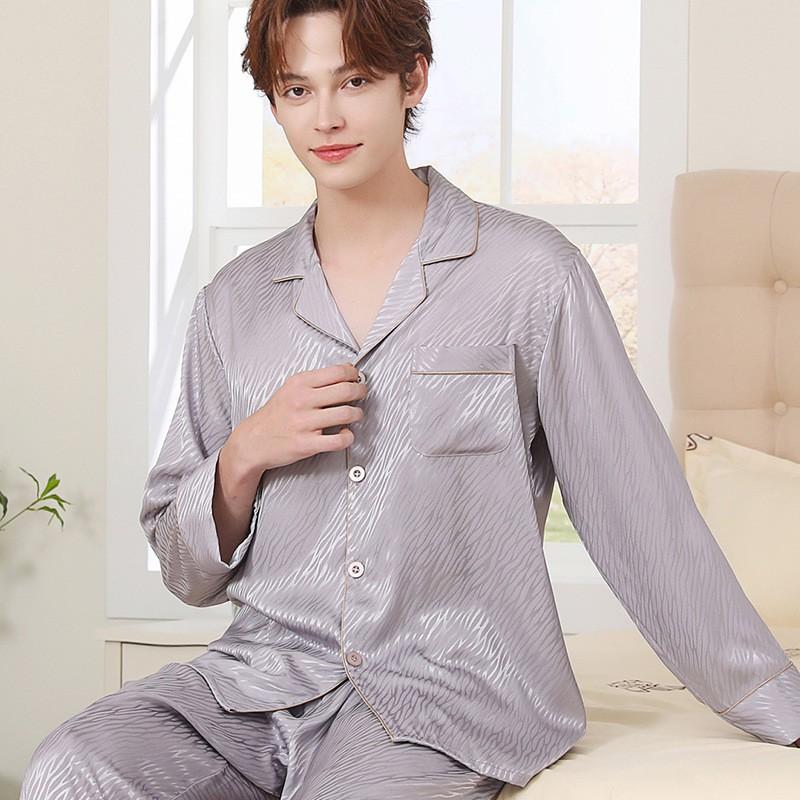 Long Sleeve Silk Pajamas Set Men Women Soft Thin Loungewear Plus Size Sleepwear