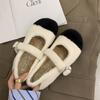 Mode Echtes Kaninchenfell Warme Ballerinas Damen Koreanische Schnallenriemen Mokassins Gemütliche Runde Zehen Winter Plüsch Schneeschuhe Rutschfeste Slipper