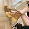 Fashion Block Heel Booties Women's Fashion Round Toe Spliced Suede Front Lace-up Platform Non-Slip Wear-Resistant Single Shoes
