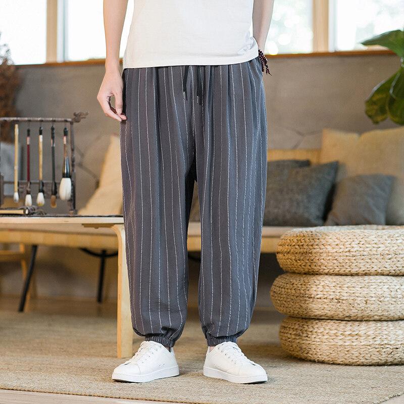 Japanese Style Stripe Summer Cotton Linen Harem Pants Men Streetwear Breathable Beach Pants Male Casual Calf-Lenght Trousers