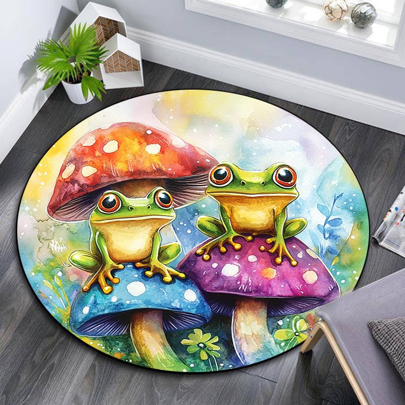 Frog Toad Mushroom Round Area Rug,Carpet Rug for Living Room Bedroom Sofa Playroom Decor,Non-slip Floor Mat