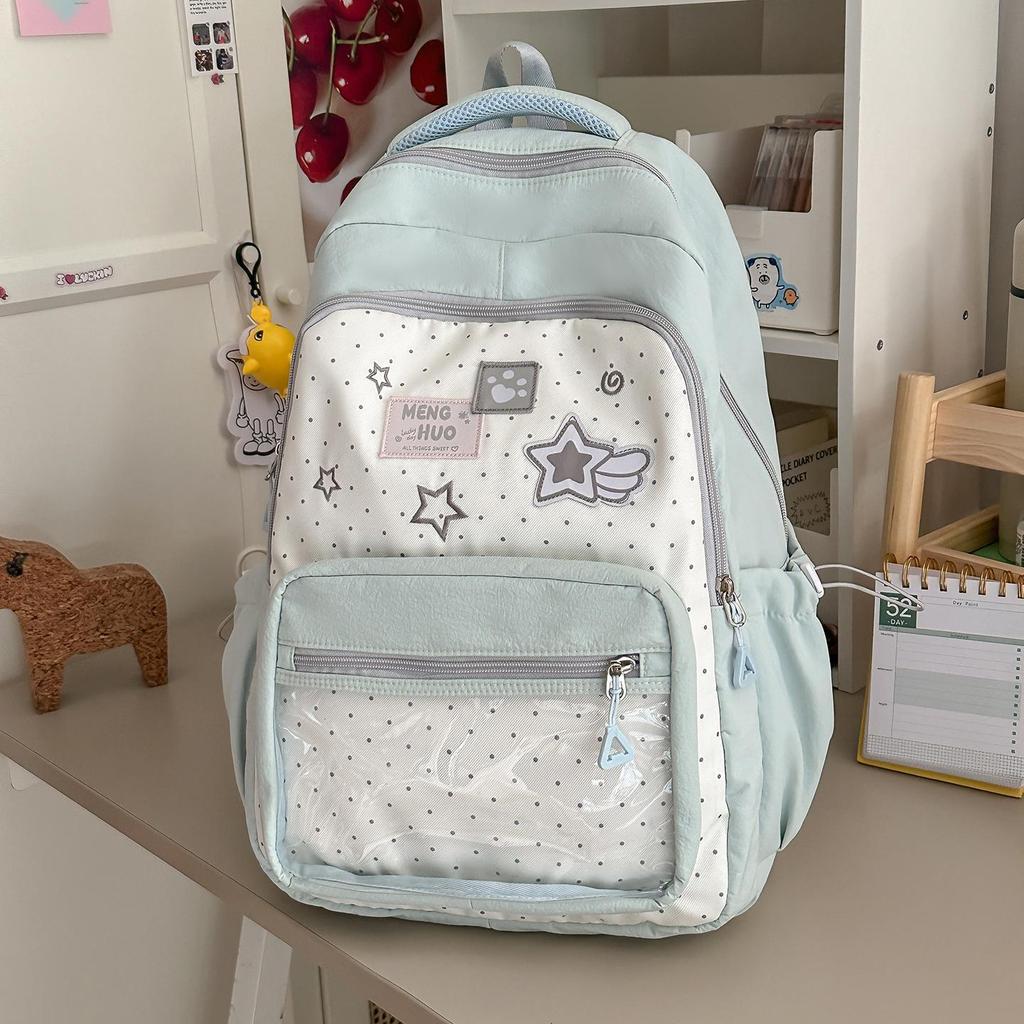 Schoolbag peach powder spell white stars embroidery soft girl schoolbag two-dimensional DIY transparent window design atmosphere sweet backpack