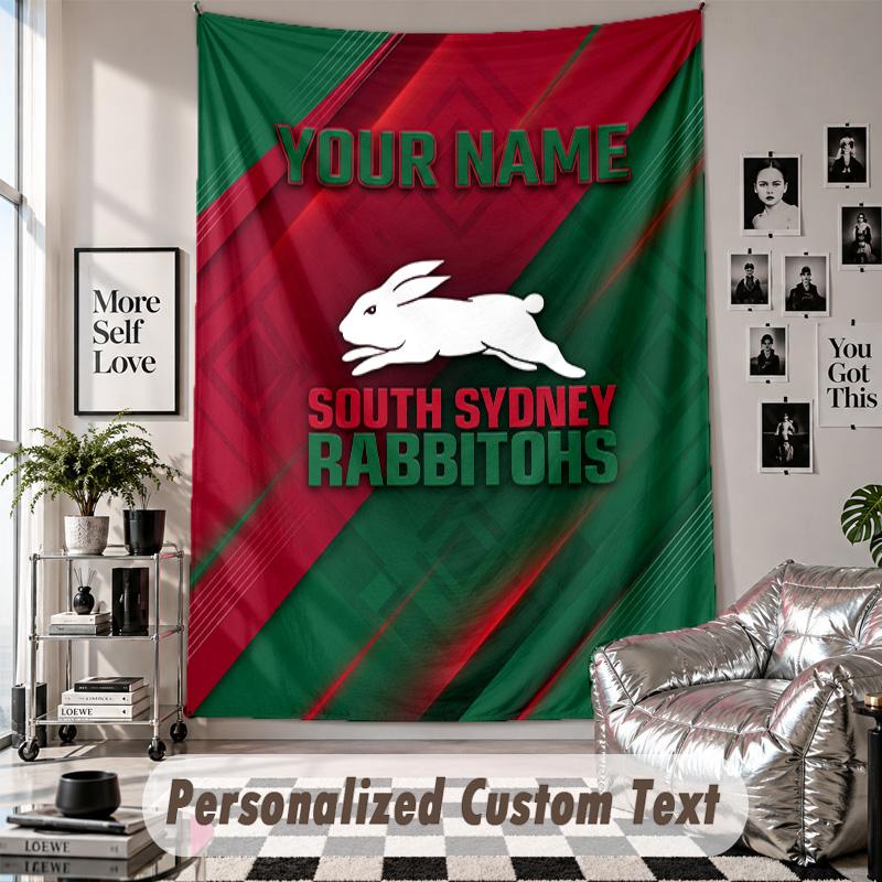 Wall Hanging Tapestry With Custom Name & Text, South Sydney Rabbitohs Decorative Tapestry For Bedroom