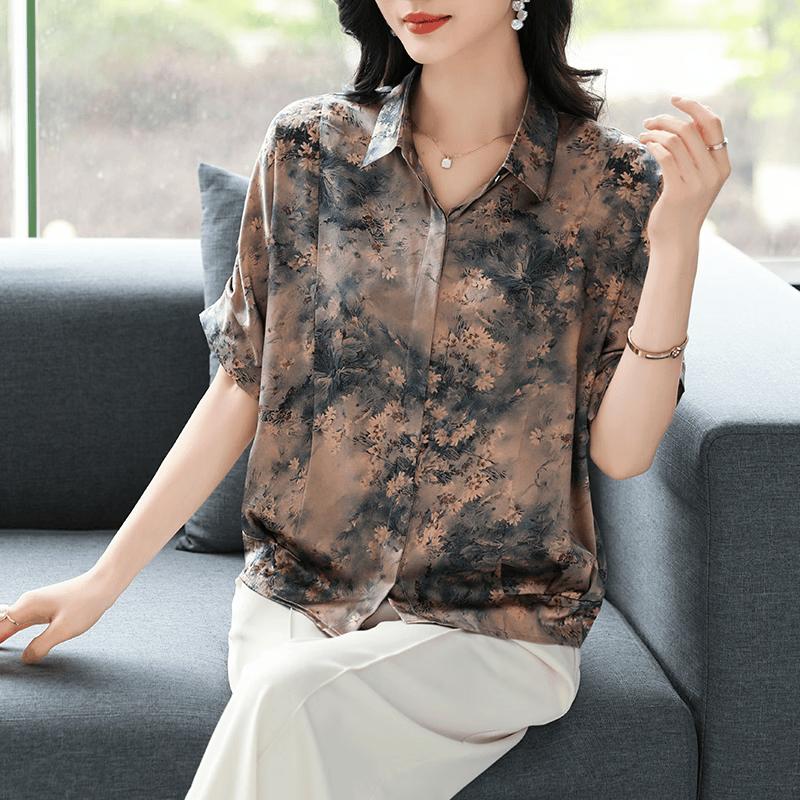 Yuzhaolin Mulberry Silk New Chinese Style Printed Batwing Sleeve Draped Summer Blouse L телесный