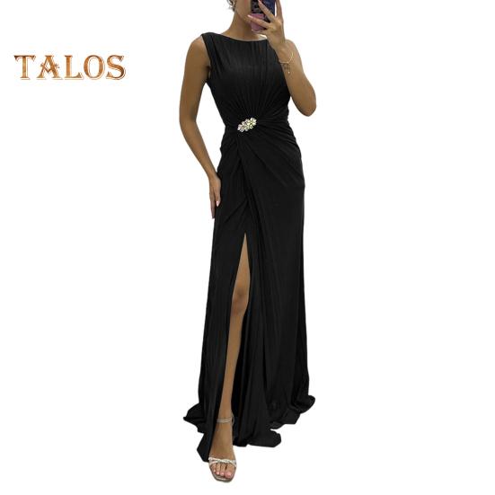 

Женское вечернее платье с плиссировкой и разрезом по низу, длиной до пола, однотонное, со стразами, без рукавов, с круглым вырезом, с высокой талией, со стразами, для выпускного вечера, коктейльной вечеринки L чёрный