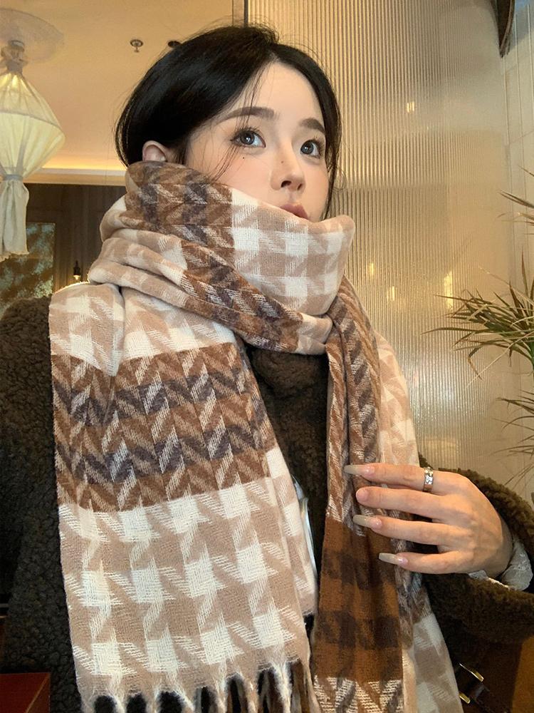Knitted Retro Scarf Headscarf Winter Women Men Houndstooth Tassel Warm Scarve Pashmina Mujer Femme Male Thick Wrap Shawl Unisex