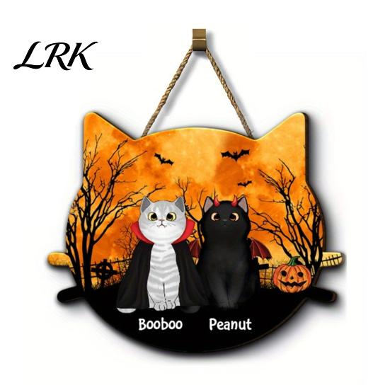 2D Flat Wood Sign Halloween Hanging Door Sign, Cute Cat Wooden Front Pet Name Tag Hanger with Hemp Rope for Porch Wall Indoor Home Decor