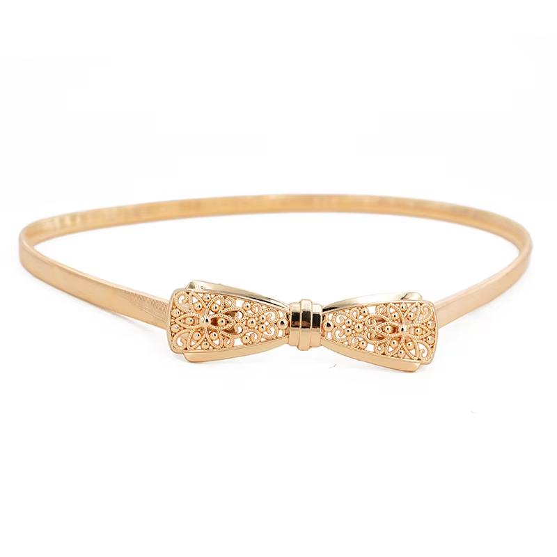 Fashion Metal Hollow Out Carved Bow Women Belts Elastic Skinny Thin Dress Belt Women Ladies Gold Sliver Decor Waist Chain Straps