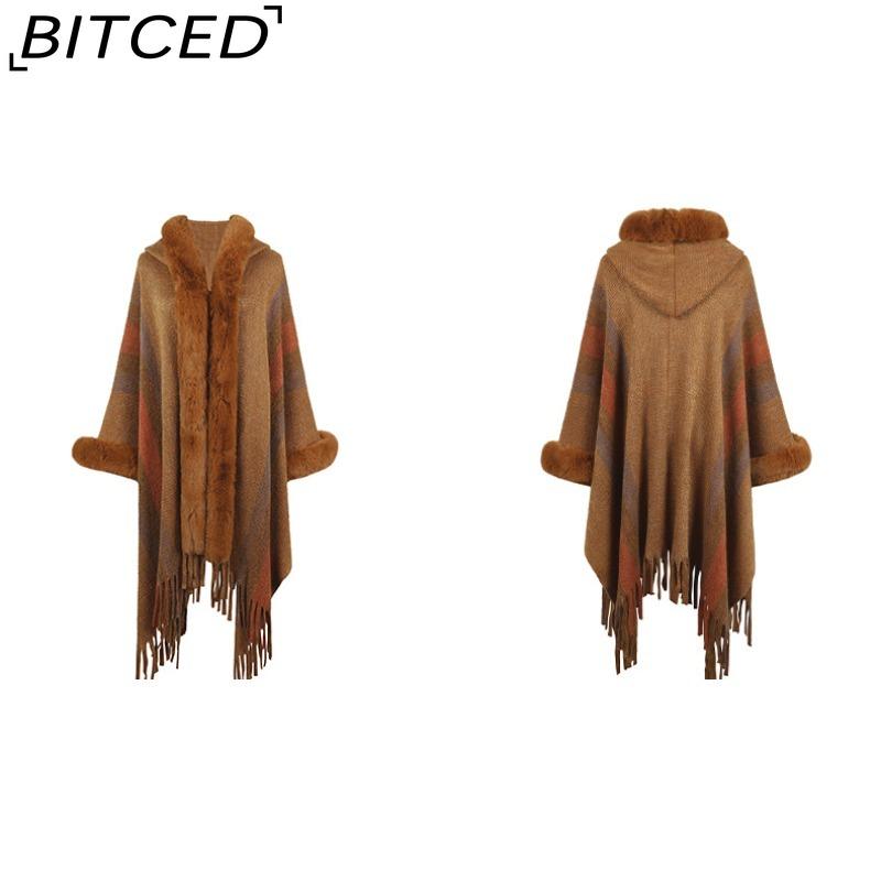 BITCED Hooded Cape Women's Fall/Winter Striped Knit Fringe Shawl