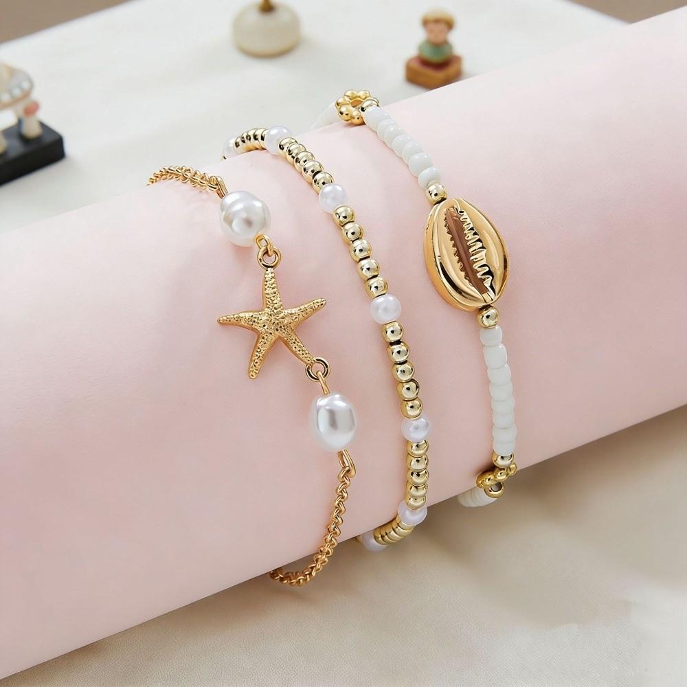 3Pcs Stretch Beaded Bracelet Set Pearl Multiple Layers Bracelet Fashion Shell Bracelet Set Party