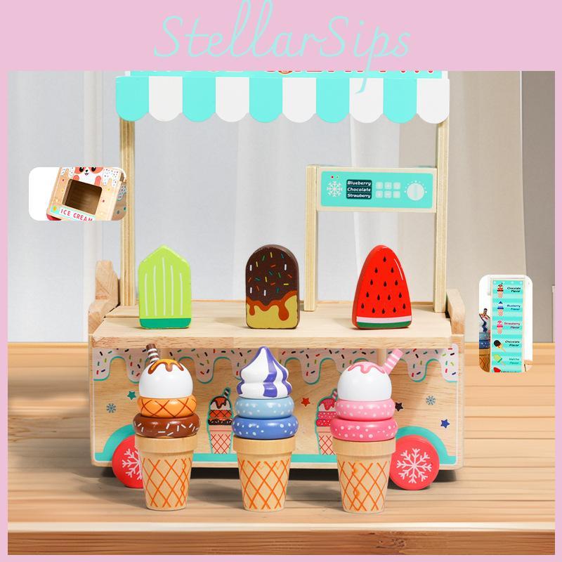 Wooden Simulation Ice Cream Cart Children Role Playing Toy Set For Imaginative Play And Parent Child Interaction