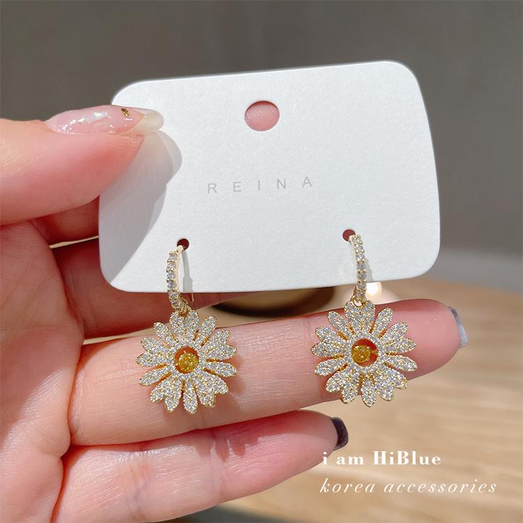 Korea New Design Fashion Jewelry AAA Zircon 14K Real Gold Plating Daisy Earrings Luxury Shiny Women's Wedding Accessories