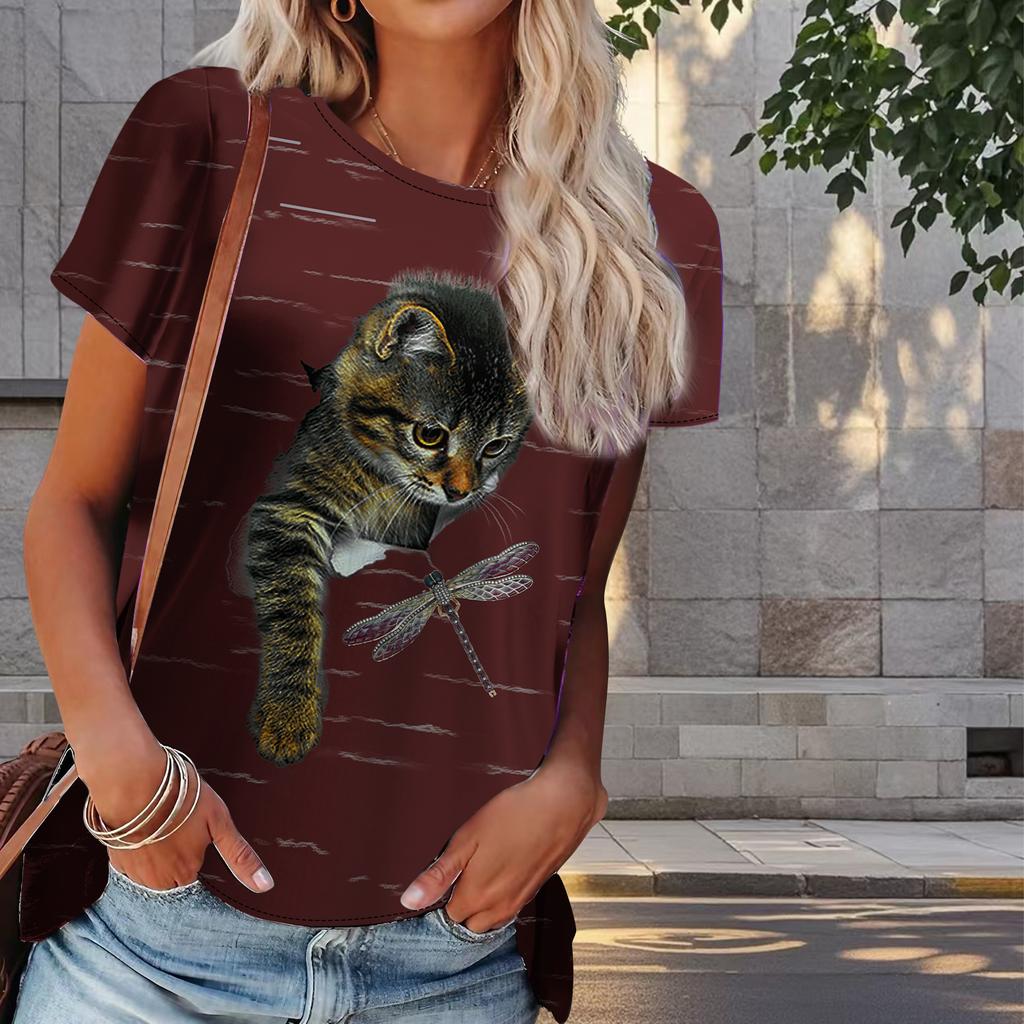 Women Summer T Shirt Kitty Print Retro Fashion Short Sleeve Tees Casual   Printed  Tops