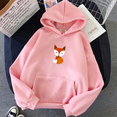 Winter Casual Fashion Fleece Ladies Sweatshirt Long Sleeve Cute Little Fox Print Pattern Pullover Loose Hoodie Women Thickening