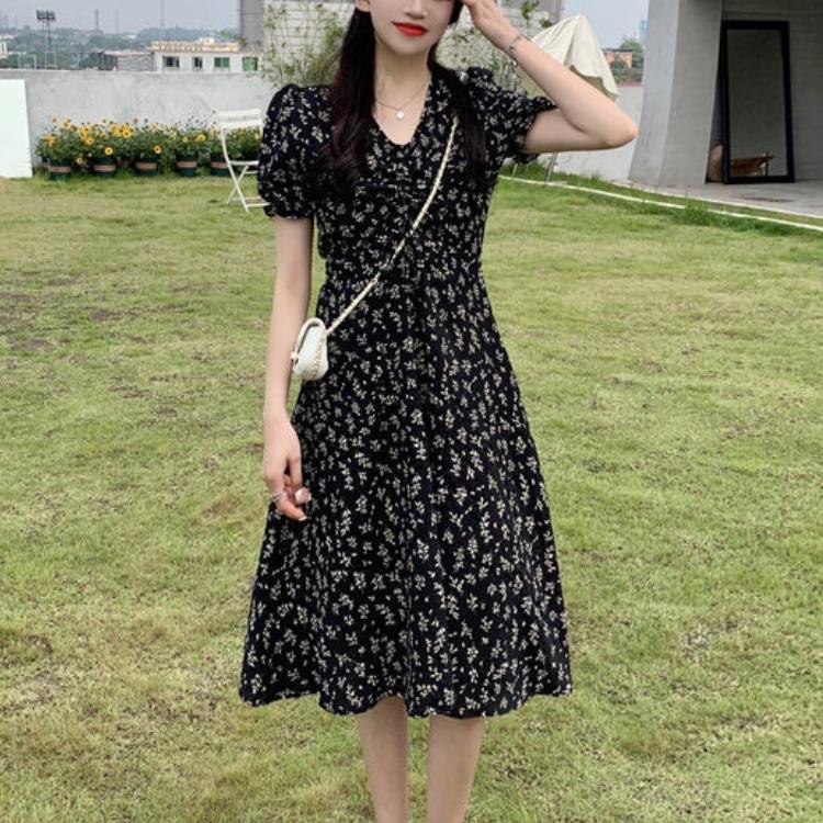 GMXIA Floral Temperament Skirt Small Mid-length Short Sleeve Small Fresh Dress Fairy