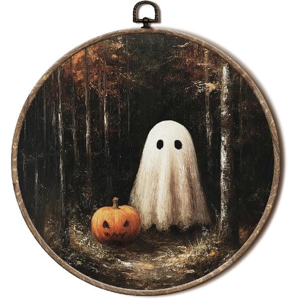 EGVQK Vintage Halloween Ghost Round Wall Art, Moody Wildflower Spooky Ghost Framed Canvas Prints Wall Art, Halloween Round Canvas Hanging Walls Decor