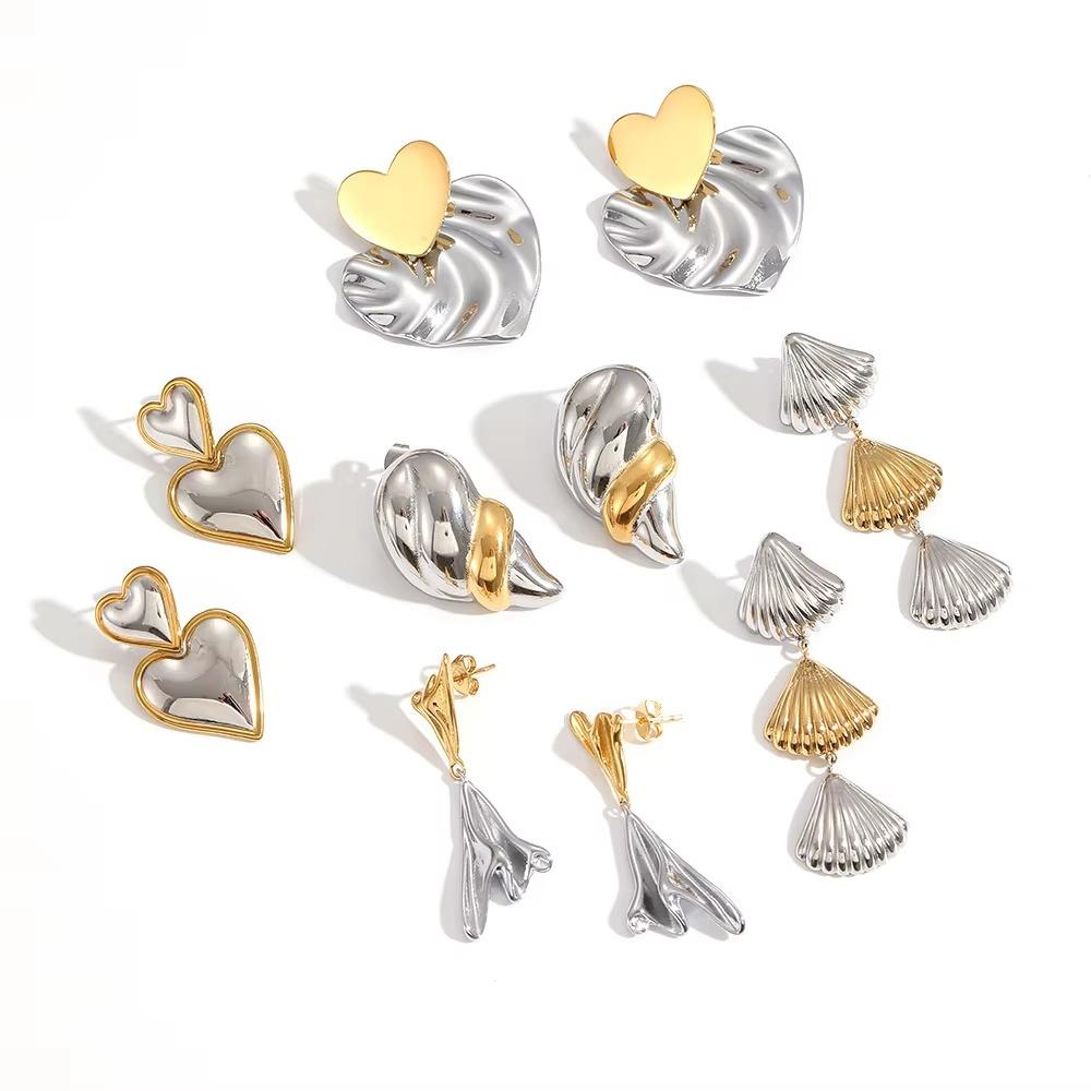 Simple Creative Fashion Geometric Texture Heart Pendant Earrings Stainless Steel Shell Conch Shaped Earrings