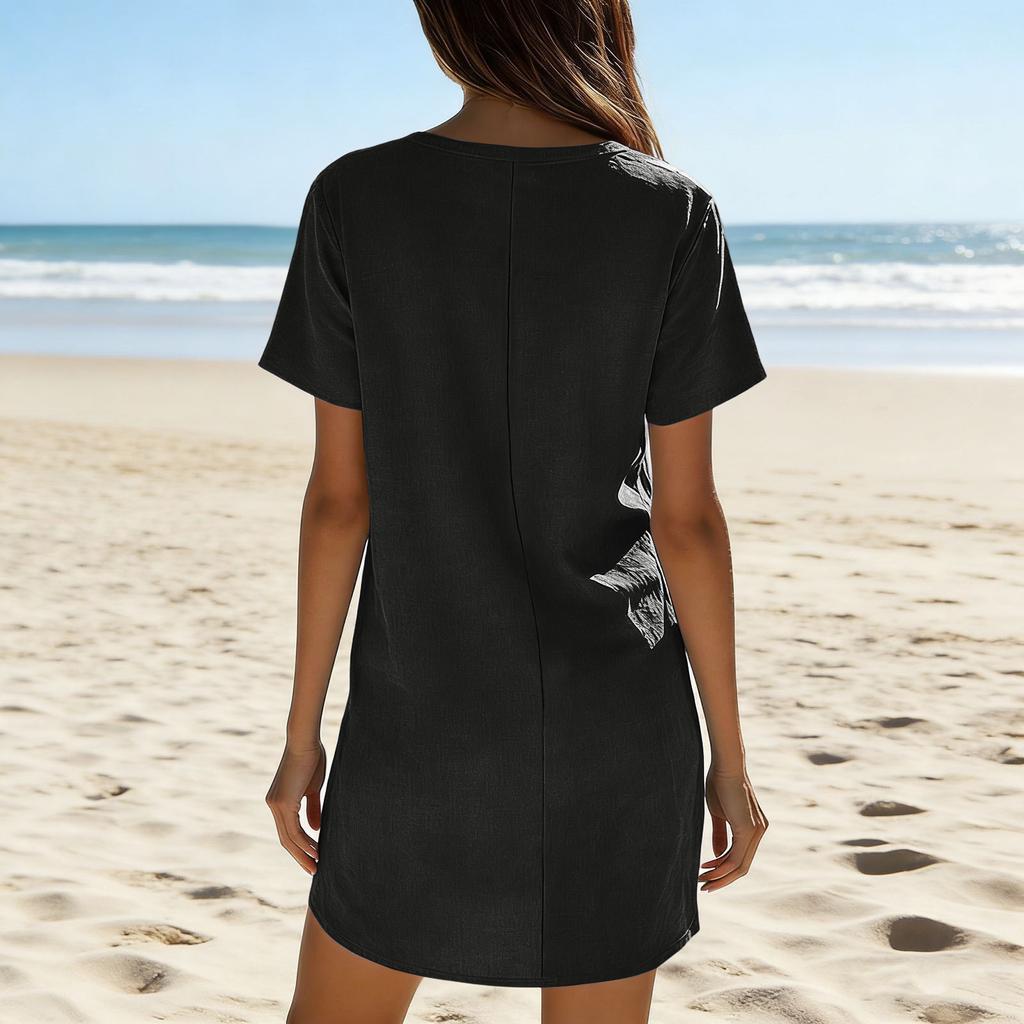 Women's Fashionable Loose-Fit V-Neck Short-Sleeve Cotton-Linen Blend Casual Dress
