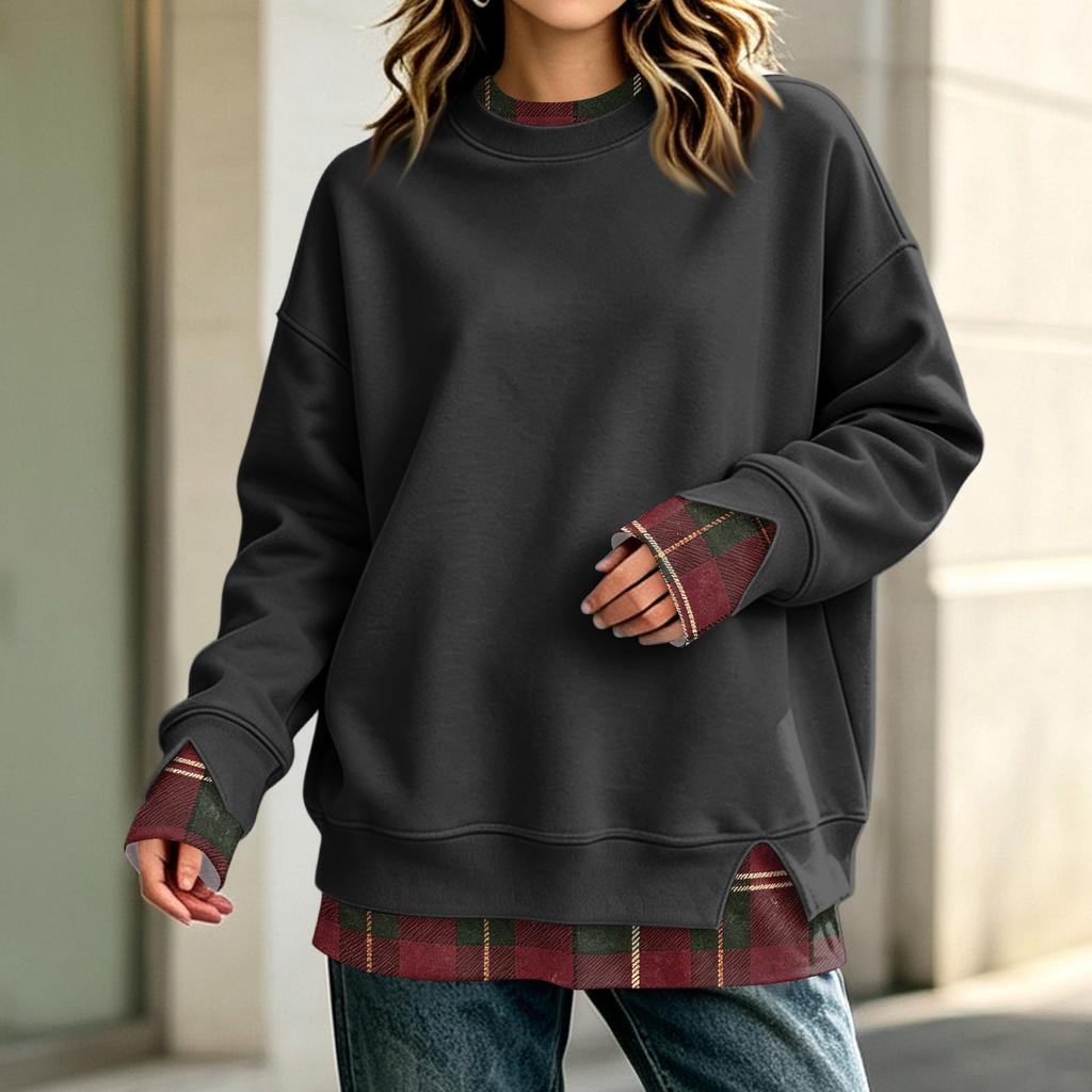 Women's Long Sleeve Mock Two-Piece Sweatshirt Loose Fit Casual Pullover