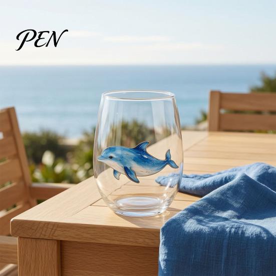 Beach House Kitchen Decor Marine Animal Theme Clear Glass Tumbler, Handcrafted Painted Glassware, Artistic Nautical Decorative Cup Creative