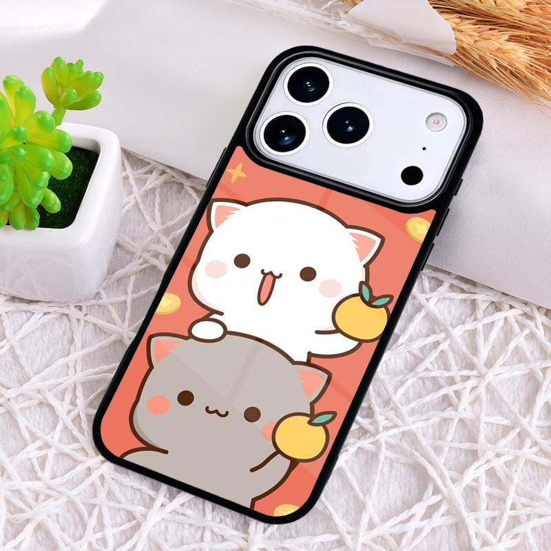 Cartoon Peach Mochi Cat Phone Case for iPhone 17 Air 16 15 11 12 14 13 Pro Max Shockproof Cover