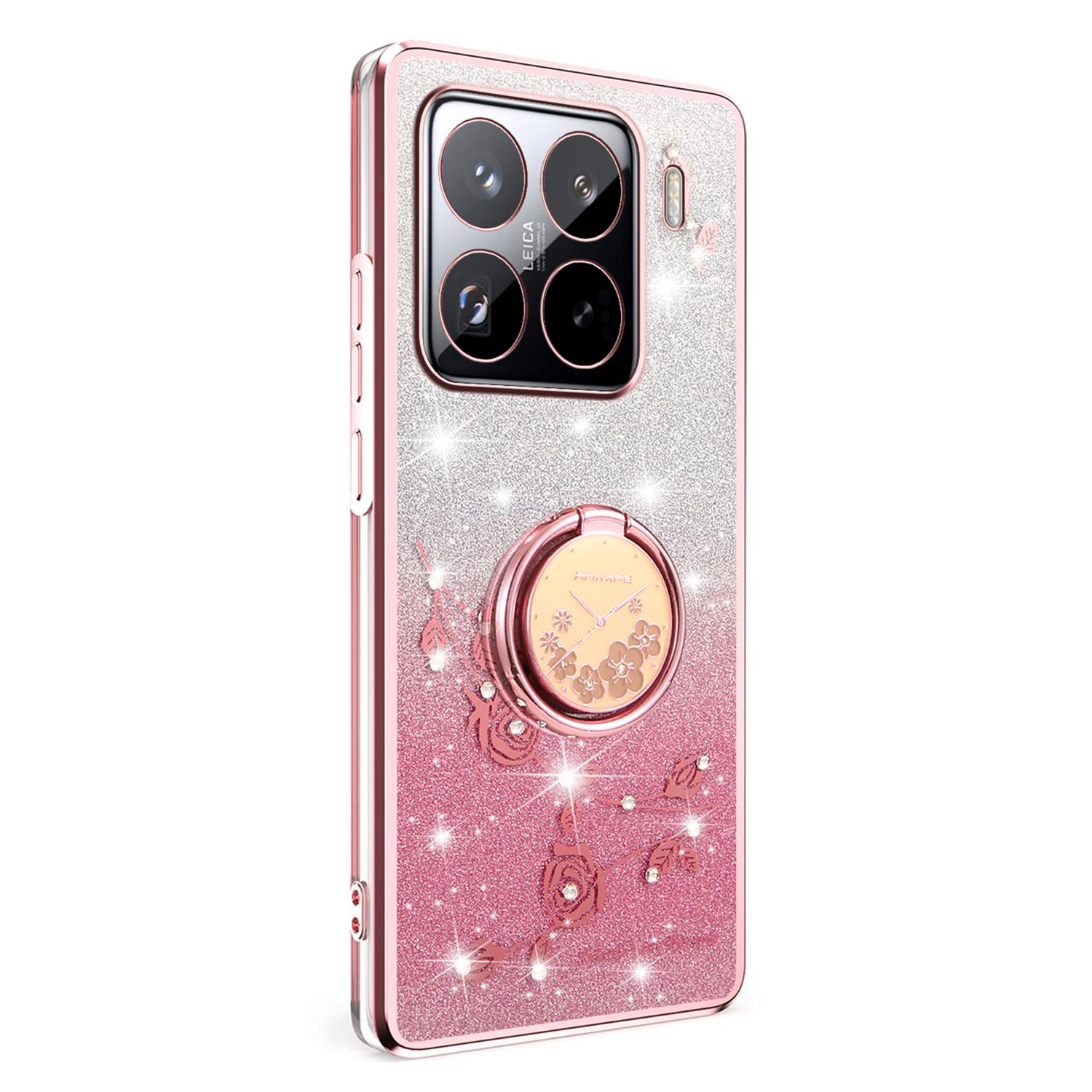 

For Xiaomi 15 Pro Case Ring Kickstand TPU Flowers Phone Cover Gradient Glitter Purple