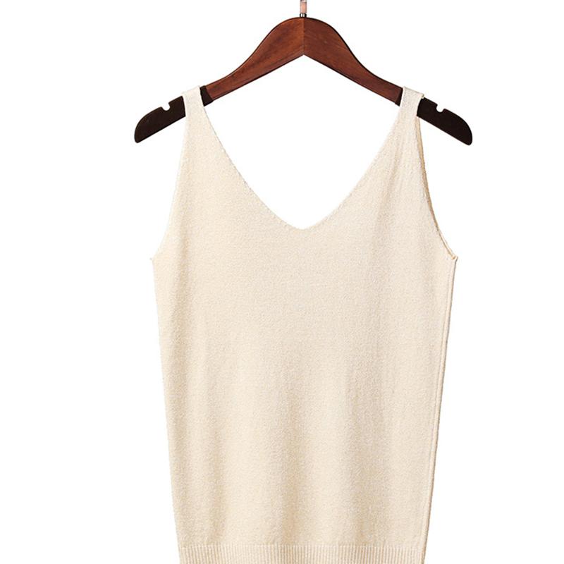 Women Summer Sexy Slim V-Neck Bright Silk Knitted Sleeveless Vest Top T-Shirt Basic Trend