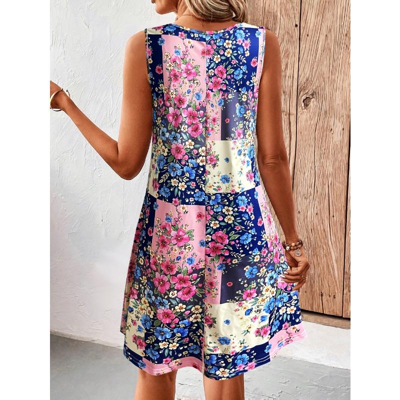 Ladies' Sleeveless Flower Printed Dress - Spring and Summer Vitality Pretend, Round Neck Design