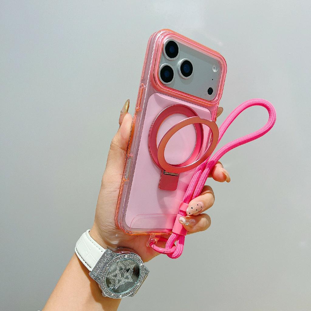 For iPhone 17 Pro Max Magnetic Case Kickstand Clear TPU Phone Back Cover with Wrist Strap